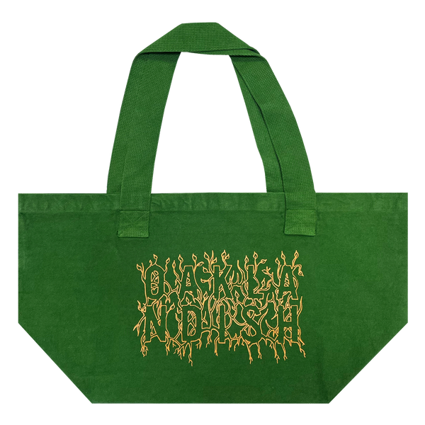 Front view of vintage green shopping tote with creme ink and Oaklandish wordmark surrounded by stems and vines. 