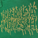 Close-up of creme ink and Oaklandish wordmark surrounded by stems and vines on vintage green tote bag.