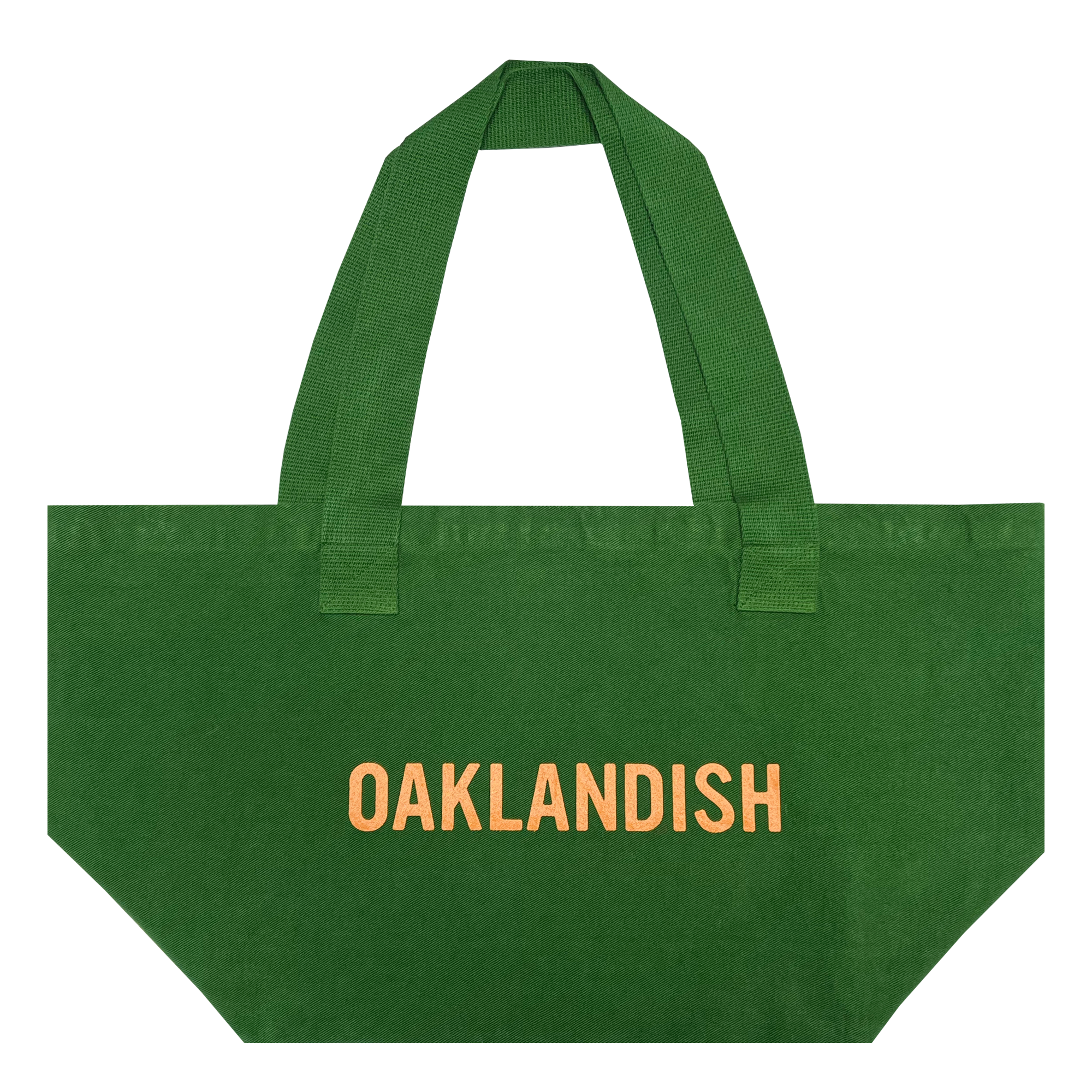 Front view of vintage green shopping tote with Oaklandish wordmark in creme ink creme ink.