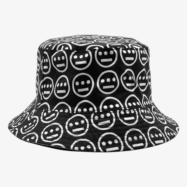 The black side of a reversible bucket hat with white Hieroglyphics hip-hop logo on repeat. 
