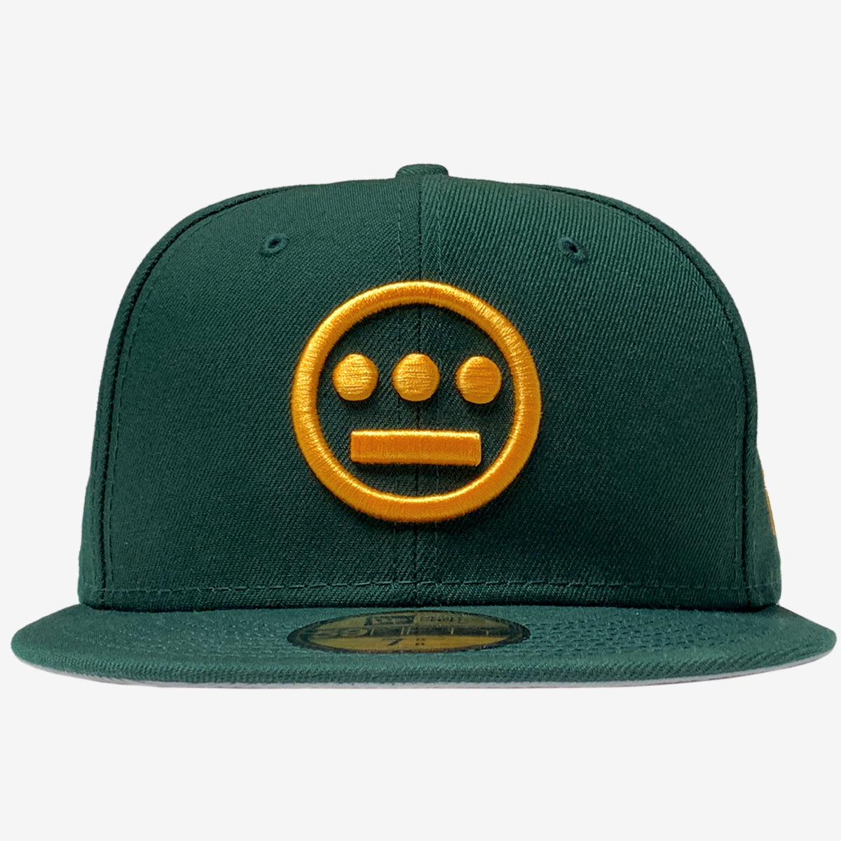 Green New Era cap with gold embroidered Hieroglyphics hip-hop logo on the crown.