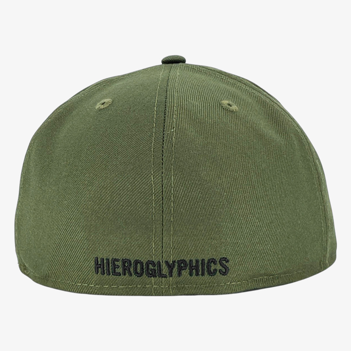 The backside of a rifle green fitted cap with a black embroidered HIEROGLYPHICS wordmark.