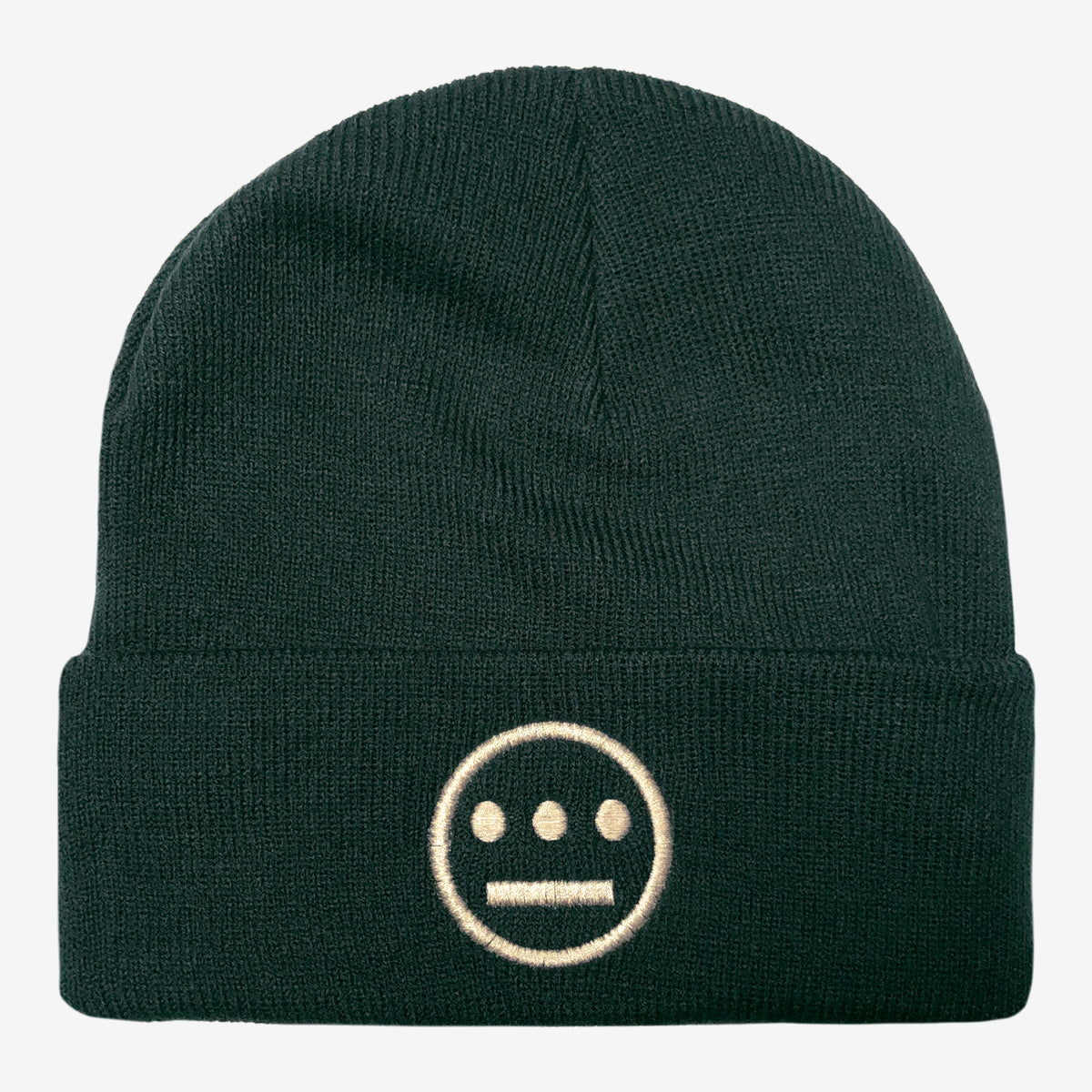Forest green cuffed beanie with cream Hiero hip-hop crew logo on cuff. 