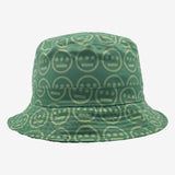 The green side of a reversible bucket hat with light green Hieroglyphics hip-hop logo on repeat. 