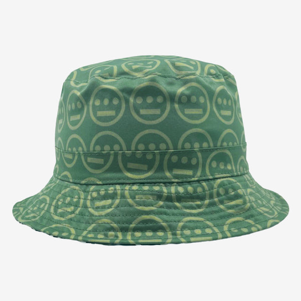 The green side of a reversible bucket hat with light green Hieroglyphics hip-hop logo on repeat. 