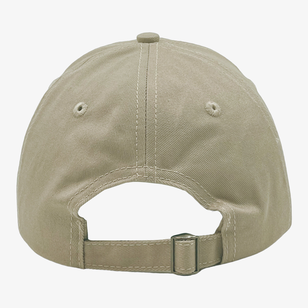 Back of khaki dad cap with adjustable strapback.