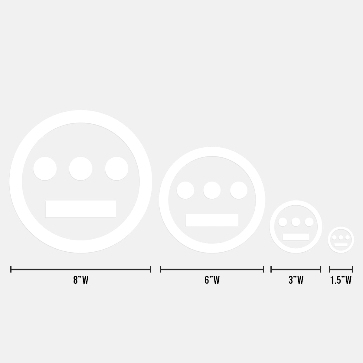 Four circular icons with straight-line mouths and three dots for eyes, resembling a hip-hop crew's robot faces, are shown in decreasing size. They are labeled with widths: 8" for the largest, Hiero Decal - 6 in from the Hieroglyphics brand, 3", and 1.5" for the smallest. The background is light gray, and the white die-cut decals have gray outlines.
