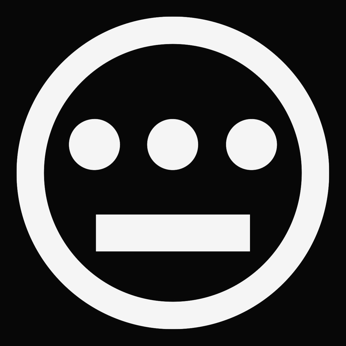 The Hiero Logo Sticker from Hieroglyphics features a minimalist, circular black-and-white design that could easily serve as an iconic logo or sticker. Inside a bold, black circle outlined in white, three solid black dots are aligned horizontally at the top like eyes, with a longer horizontal black rectangle below resembling a mouth, crafting a simplistic face.