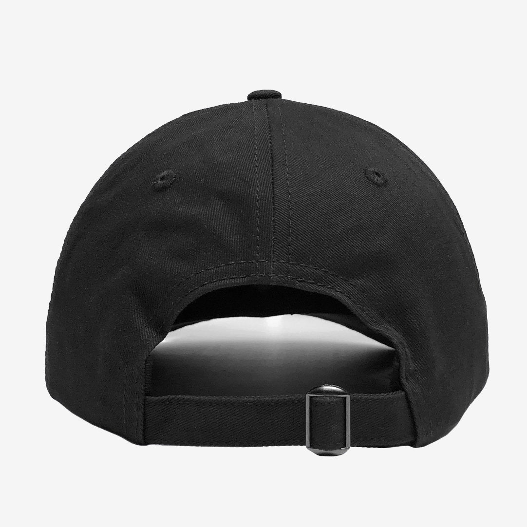 The Hieroglyphics Hiero Logo Dad Hat in black is displayed from the back, highlighting its curved brim, stitched vent holes, and an adjustable strapback with a metal buckle. The background remains plain and white.