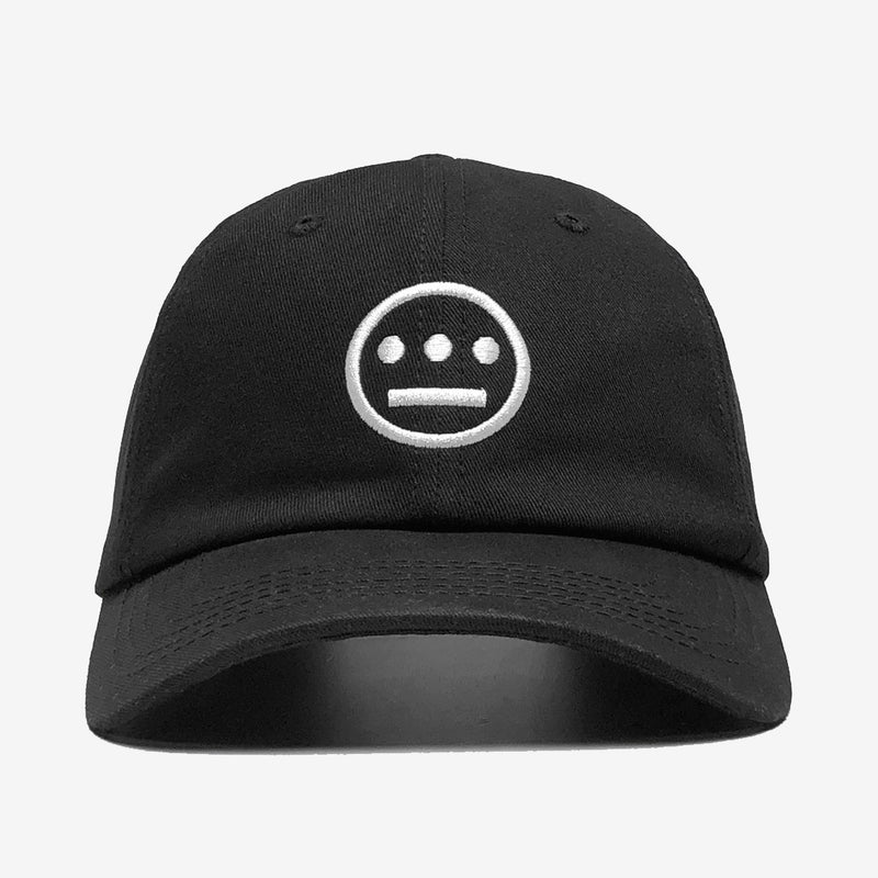 Black dad cap with white embroidered Hiero hip-hop crew logo on crown. 