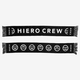 Two black woven scarves showing reversible sides. One with HIERO CREW hip-hop wordmark and the other with Hiero logo on repeat.