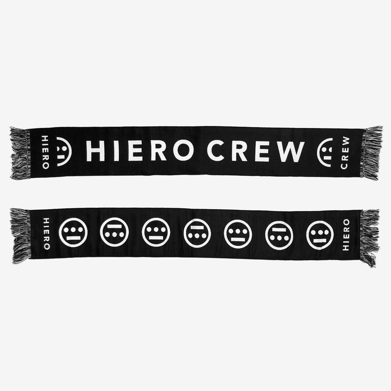 Two black woven scarves showing reversible sides. One with HIERO CREW hip-hop wordmark and the other with Hiero logo on repeat.