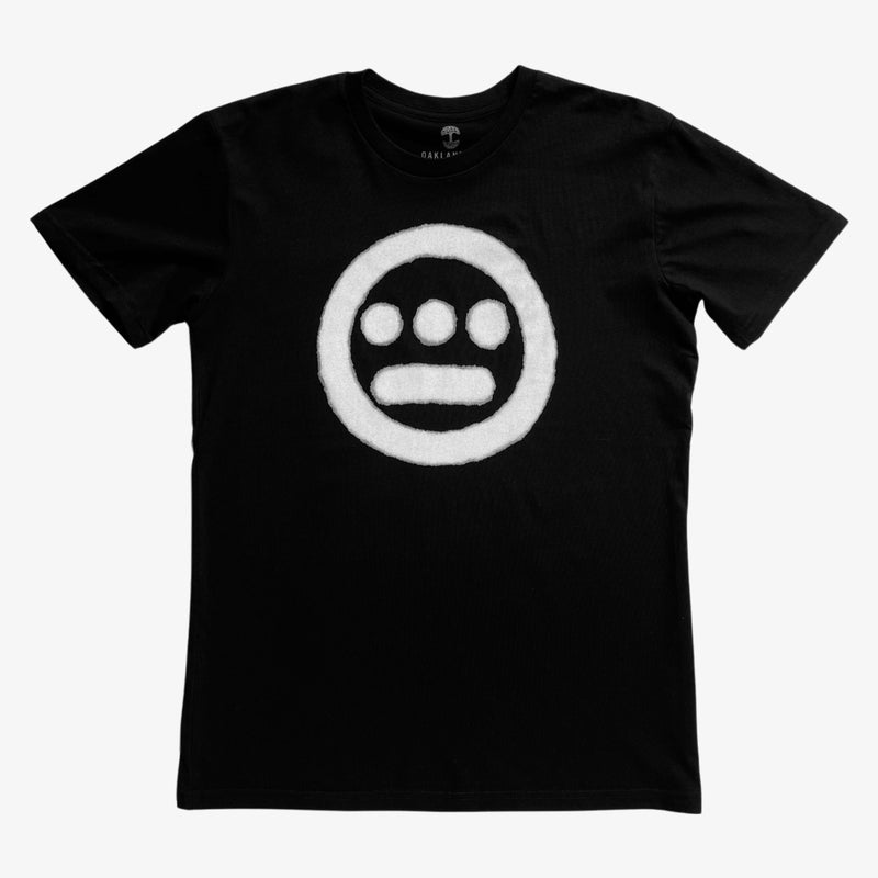 Black t-shirt with aerosol spray painted Hieroglyphics hip-hop logo on chest.