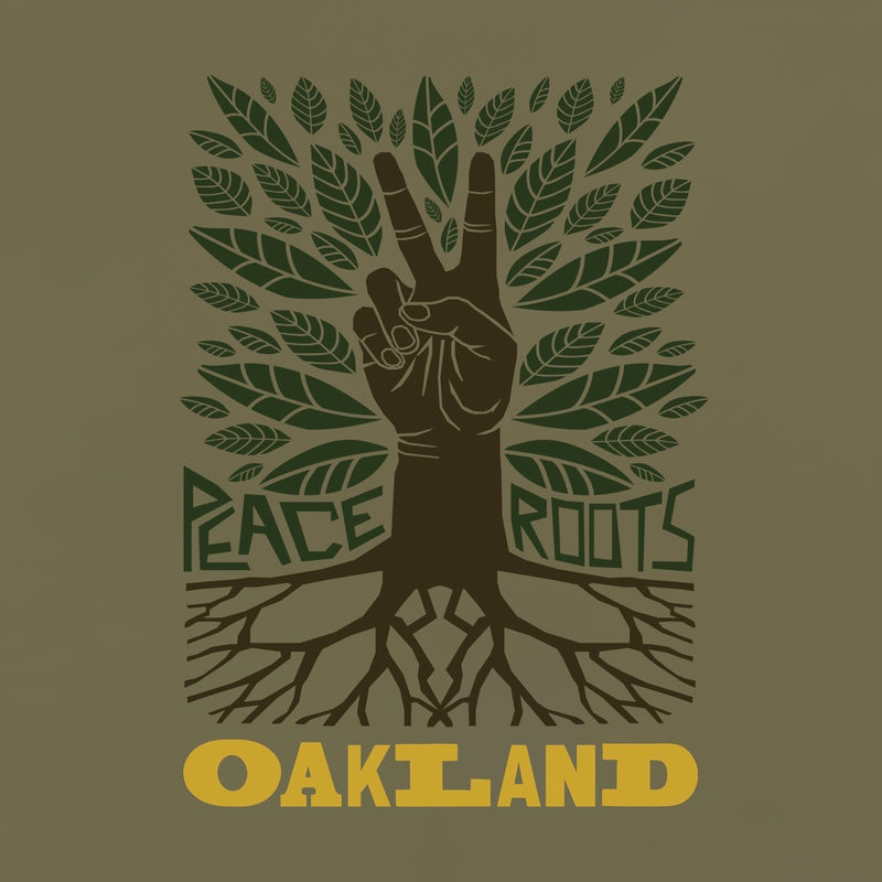 Close up of t-shirt graphic with an oak tree, green leaves, and a brown hand for a trunk with words Peace, Roots, Oakland.