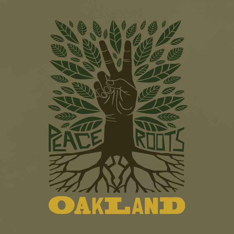 Close up of t-shirt graphic with an oak tree, green leaves, and a brown hand for a trunk with words Peace, Roots, Oakland.