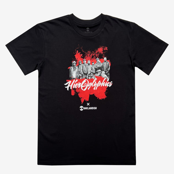Black t-shirt with red paint splotch with an image of Hieroglyphics hip-hop crew and Hieroglyphics X Oaklandish wordmark.