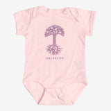 Pink infant one-piece with a purple Oaklandish tree logo and wordmark on the chest.