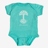 Emerald green infant one-piece with a white Oaklandish tree logo and wordmark on the chest.