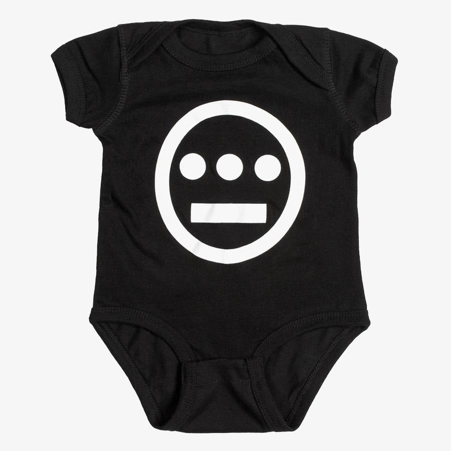 Black infant one-piece with a large white Hiero hip-hop crew logo on the chest.