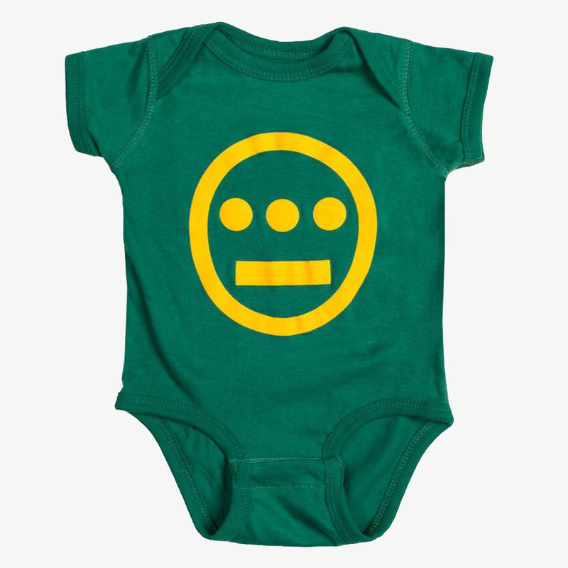 Green infant one-piece with a large yellow Hiero hip hop crew logo on the chest.