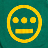 Close-up of large yellow Hiero hip-hop crew logo on a green infant one-piece.