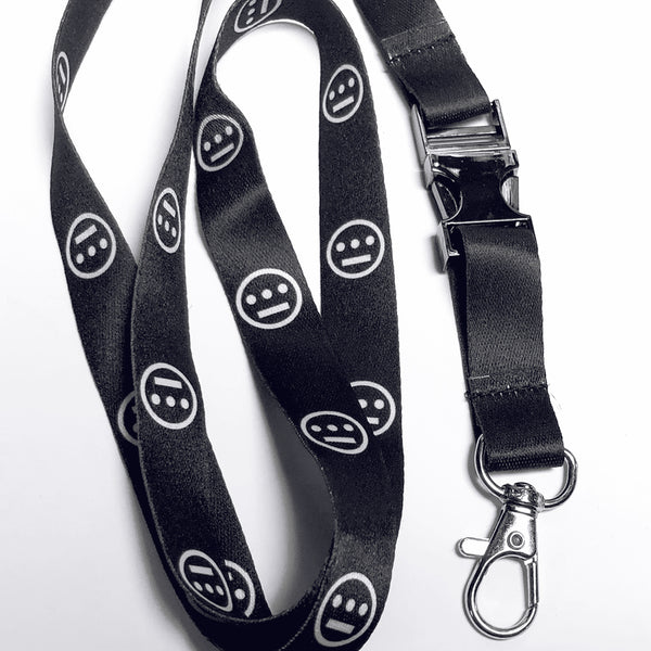 Close up of black quick release lanyard with white Hieroglyphics logo on repeat. 