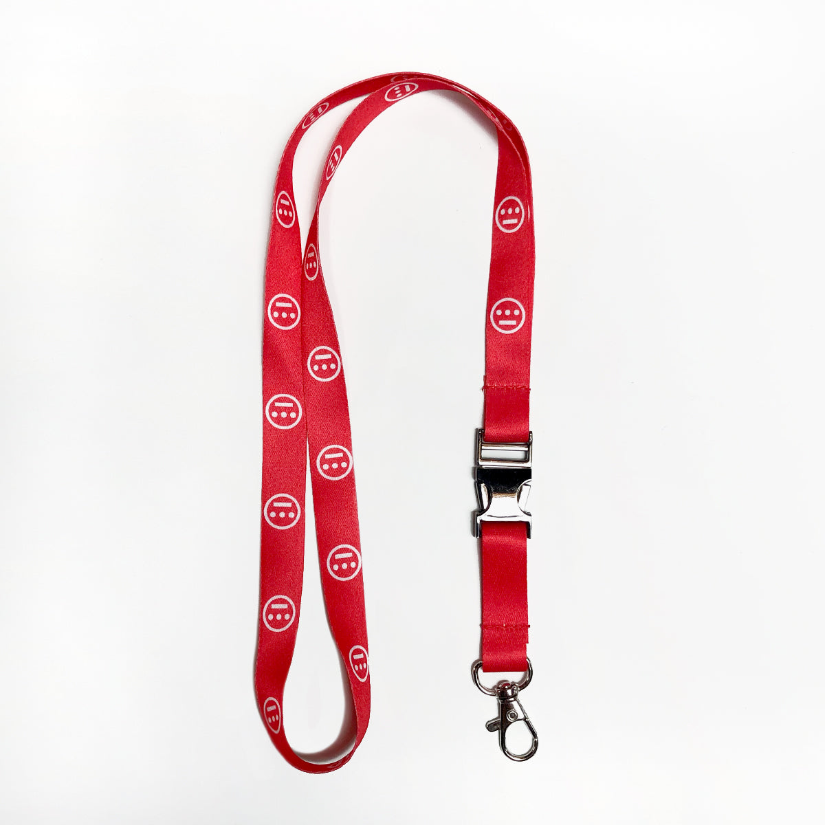 Red quick release lanyard with white Hieroglyphics logo on repeat. 