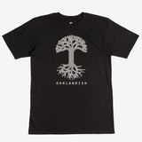 Black t-shirt with a large white Oaklandish tree logo on the chest.