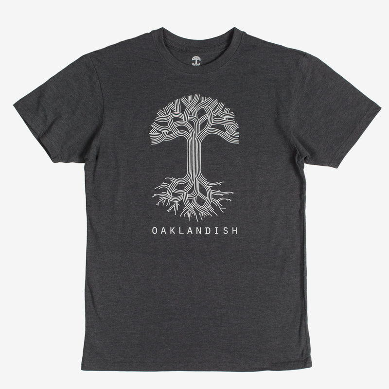 A charcoal heather t-shirt with a large white Oaklandish tree logo on the chest.