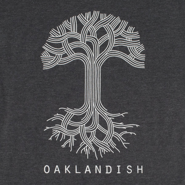 A large white Oaklandish tree logo on the chest of a charcoal heather t-shirt.