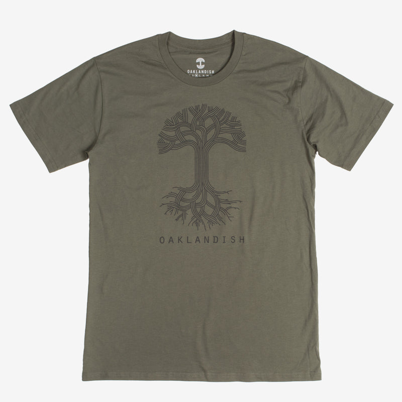 An army green t-shirt with a large black Oaklandish tree logo and wordmark on the chest.