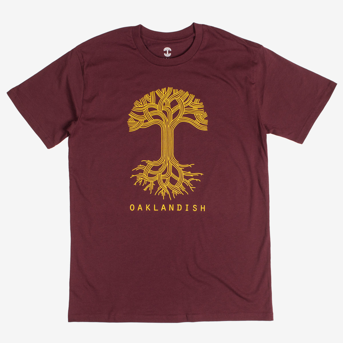  A burgundy t-shirt with a large gold Oaklandish tree logo on the chest.