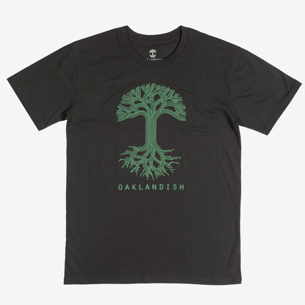 A coal-black t-shirt with a large green Oaklandish tree logo and wordmark on the chest.
