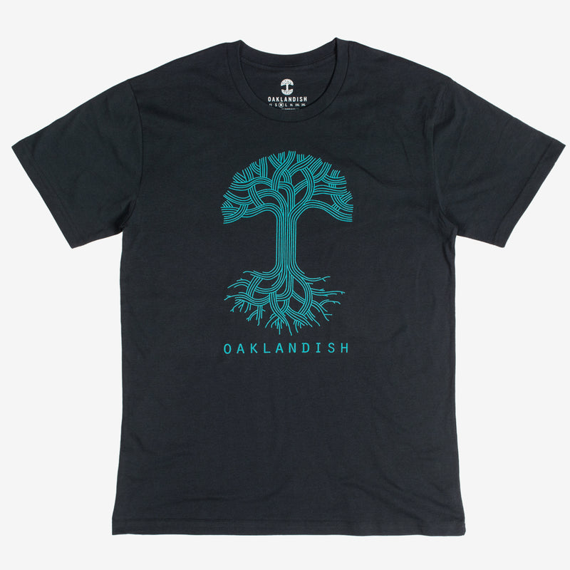 A large light blue Oaklandish tree logo on the chest of a navy t-shirt.