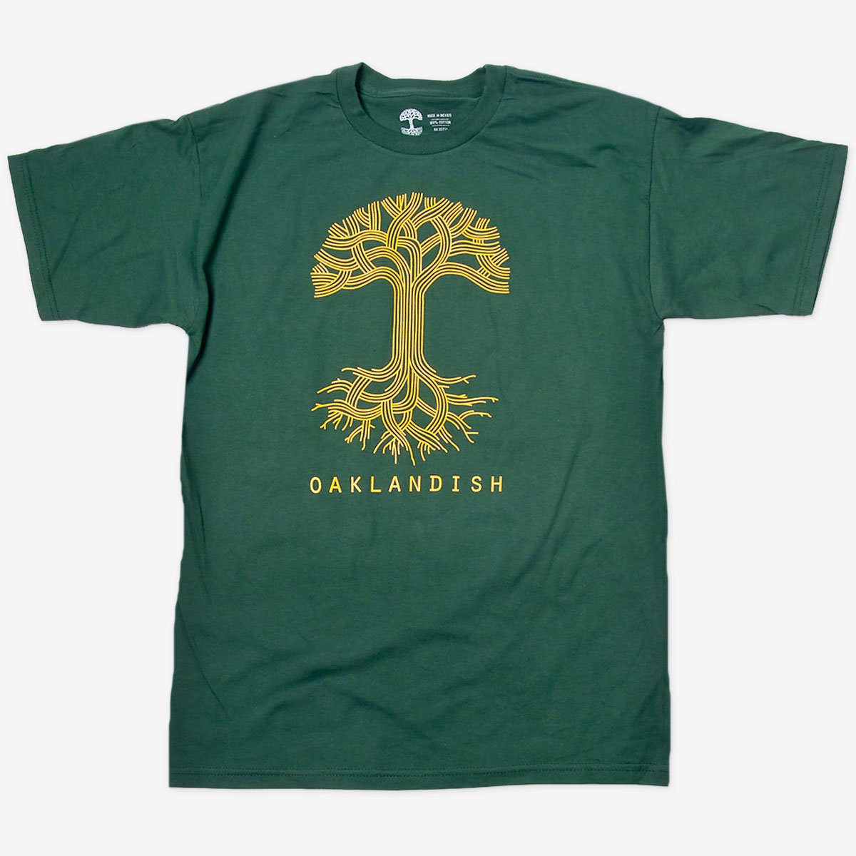 A forest green t-shirt with a large yellow Oaklandish tree logo on the chest.