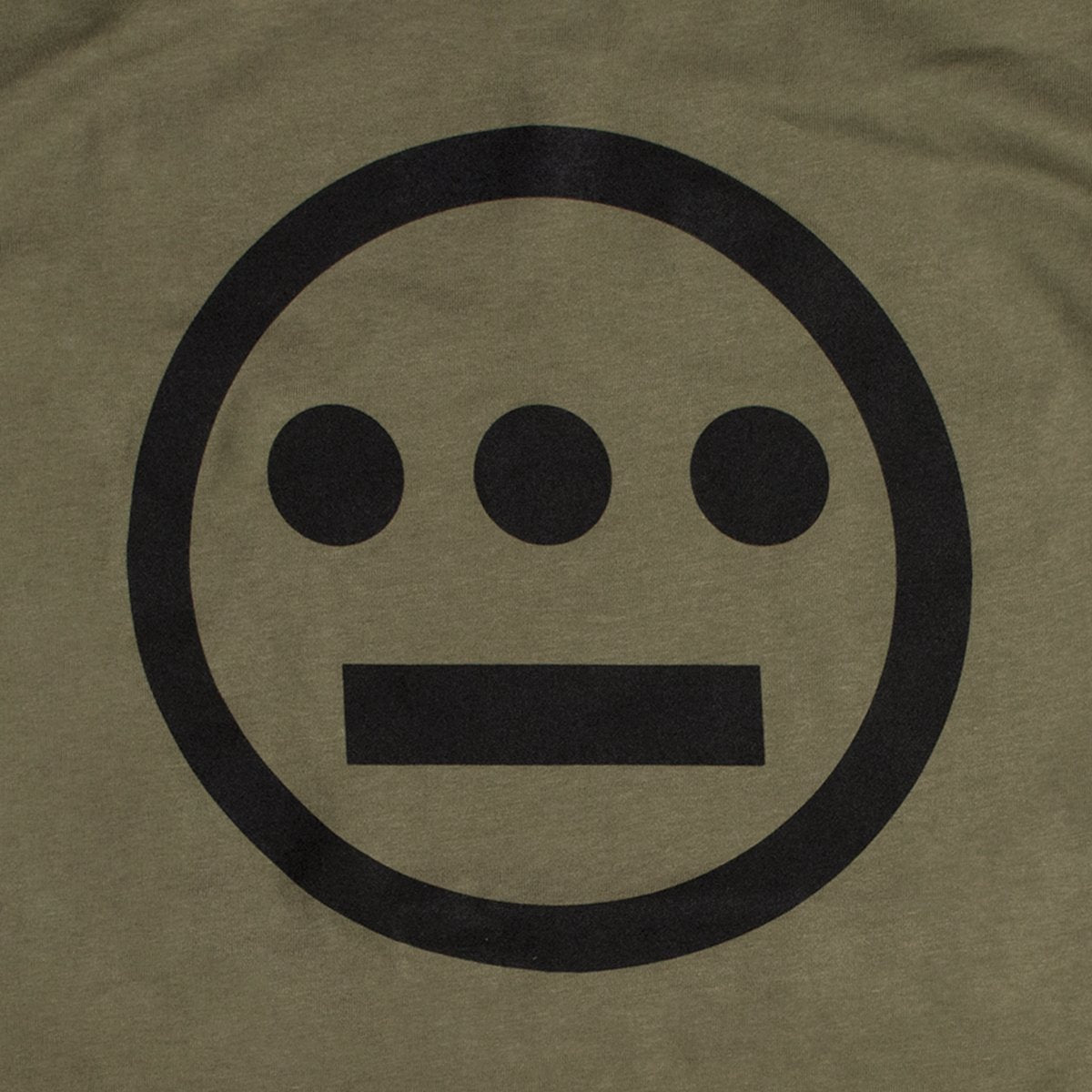 Close up of black Hieroglyphics Hip-Hop logo on an army green long sleeve shirt.