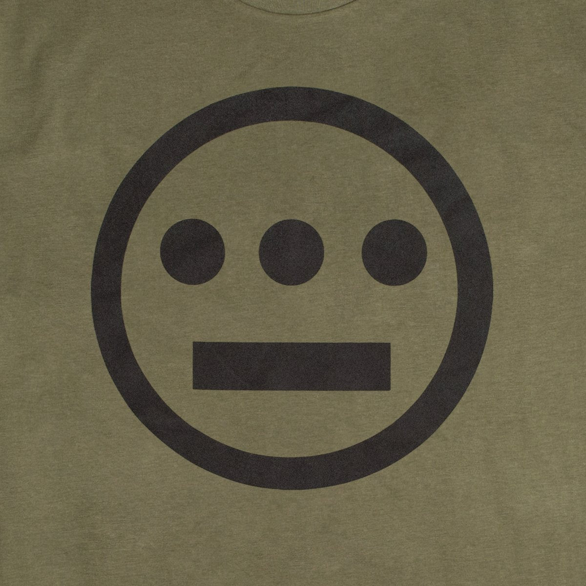 The Hieroglyphics brand's Hiero Classic Logo Tee is an olive green, 100% cotton t-shirt that features a minimalist design centered on the front. The large, black circular emblem contains three black dots aligned horizontally at the top and a horizontal black line below them, resembling hieroglyphics. This classic fit tee offers both style and comfort.
