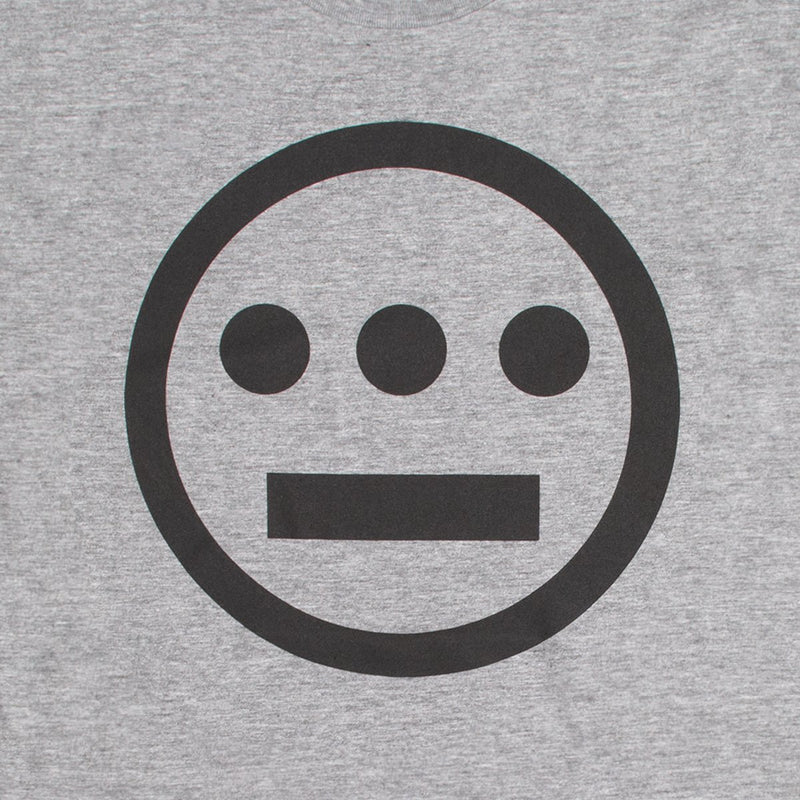 Close up of black Hieroglyphics Hip-Hop logo on a grey t-shirt.