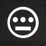 Close up of white Hieroglyphics Hip-Hop logo on a black t-shirt.