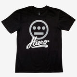 Black t-shirt with grey Hiero hip-hop logo and cursive Hiero Crew wordmark underneath.