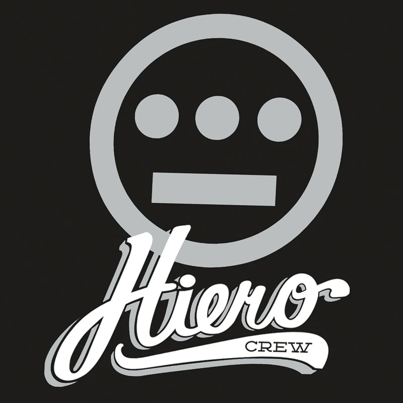 Close up of grey Hiero hip-hop logo & cursive Hiero Crew wordmark underneath on on black t-shirt.