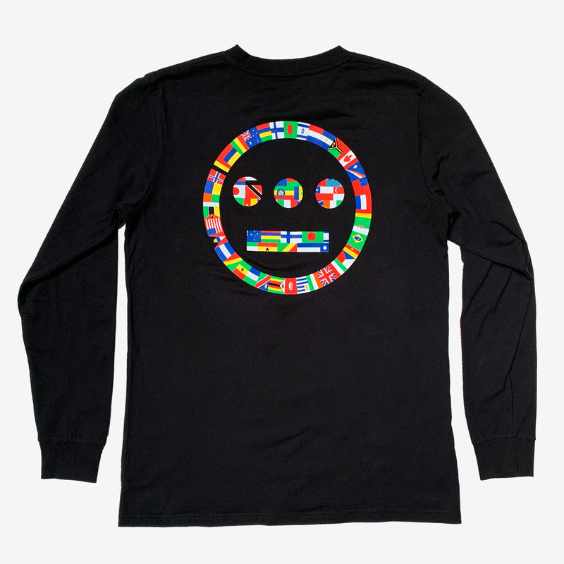The backside of a long sleeve black t-shirt with full-color Hieroglyphics logos made with international flags.