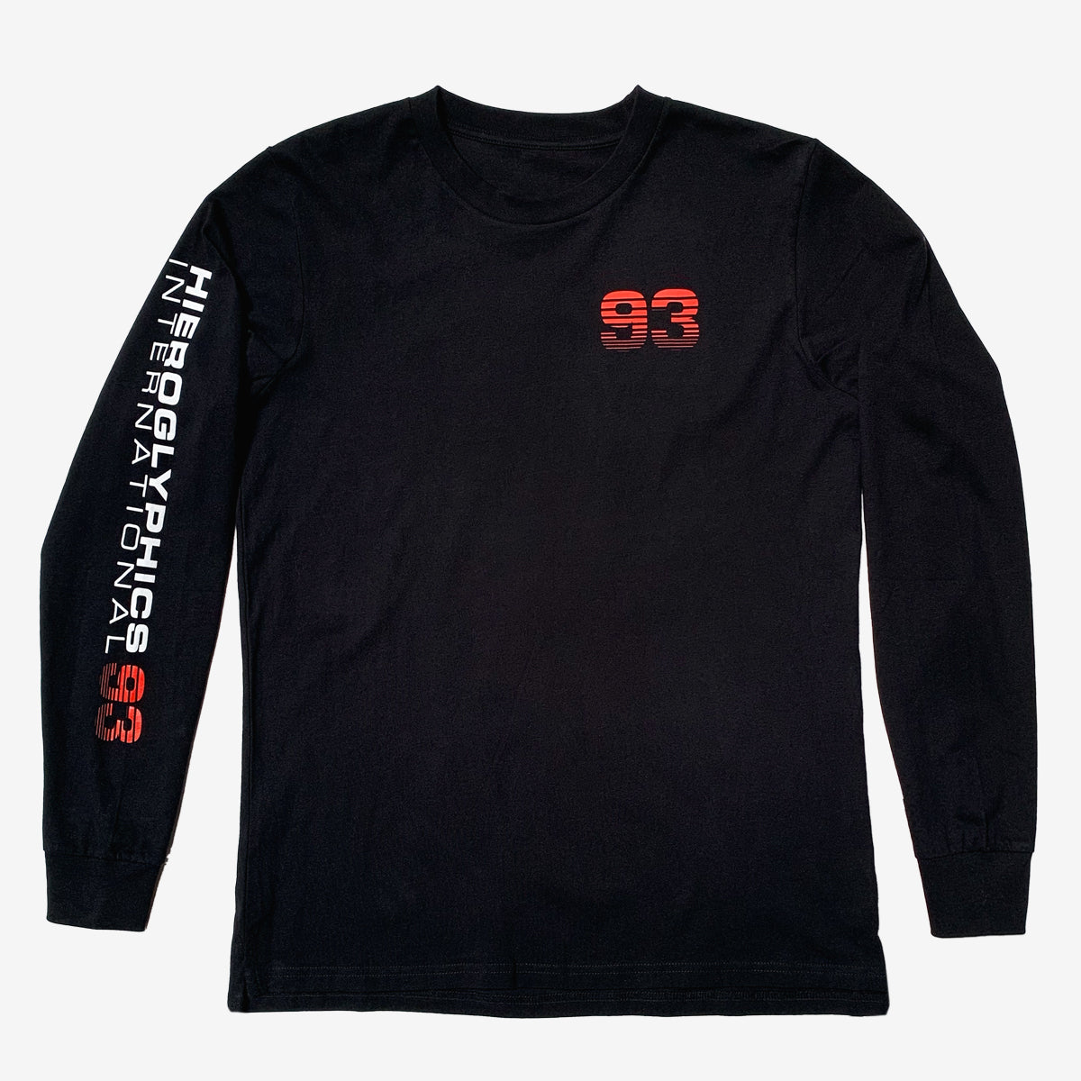 Long sleeve black t-shirt, with Hieroglyphics International 93 wordmark on the right sleeve and 93 on the chest.