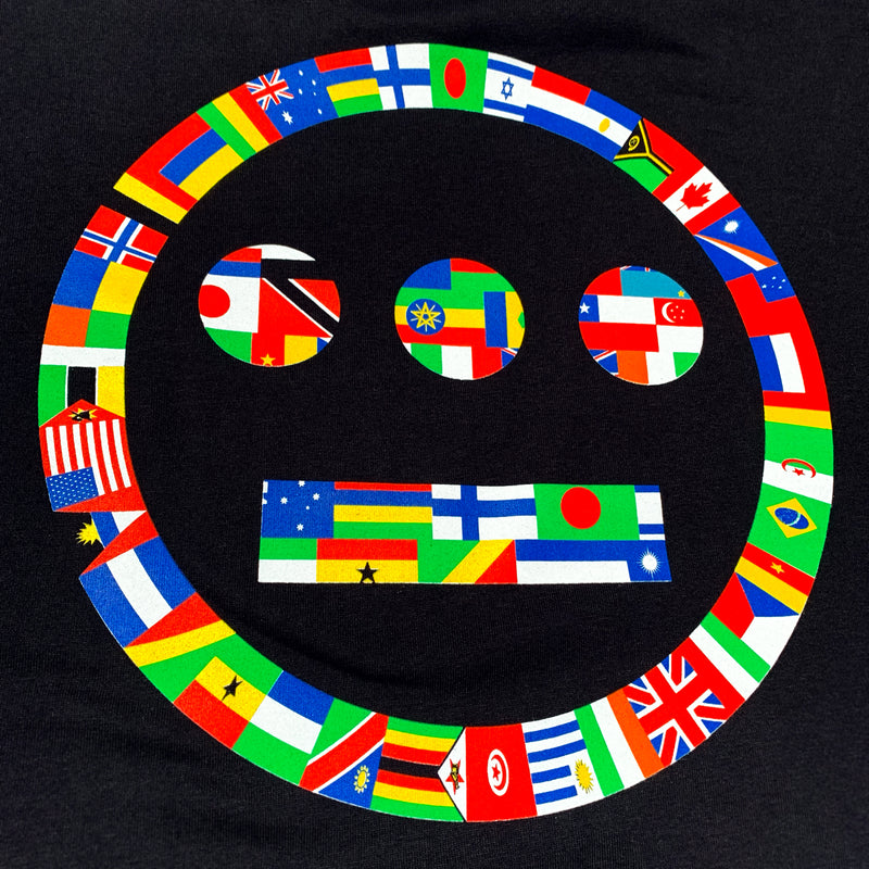 Close up of hieroglyphics international flag logo on black long-sleeve t-shirt.