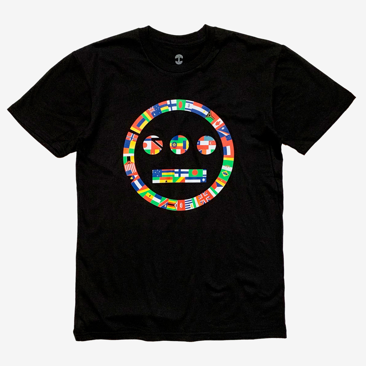 Black t-shirt with Hieroglyphics full-color international flag logo.
