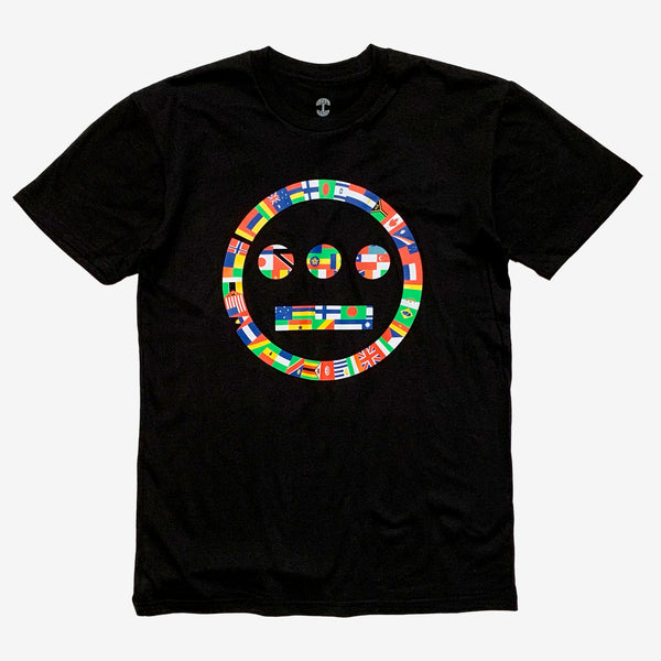 Black t-shirt with Hieroglyphics full-color international flag logo.