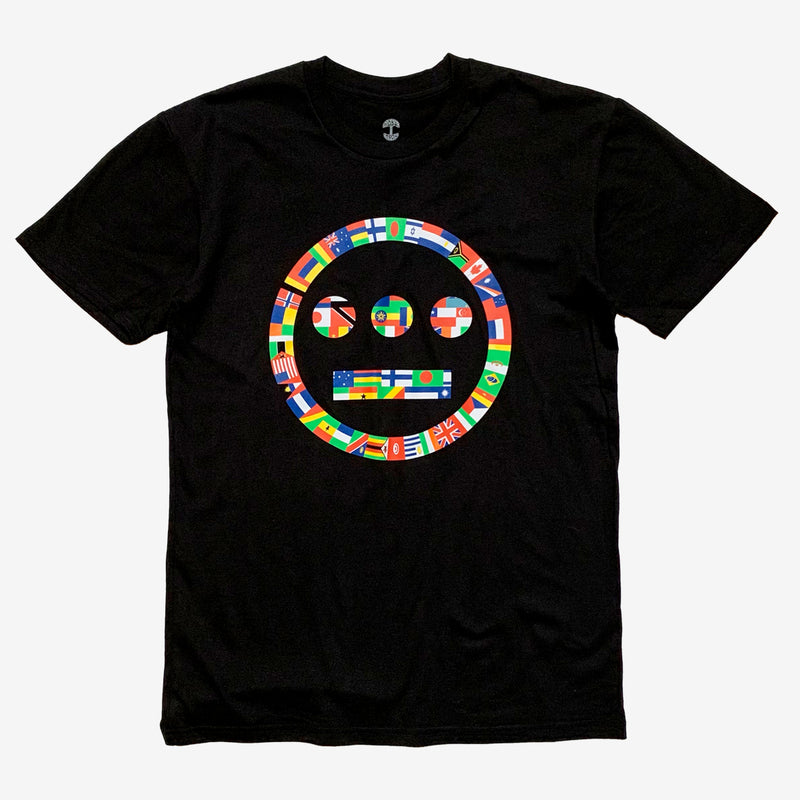 Black t-shirt with Hieroglyphics full-color international flag logo.