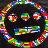 Close up of Hieroglyphics full-color international flag logo on black t-shirt.