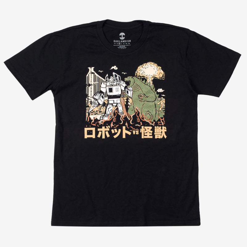 Black t-shirt with a graphic depiction of Kaiju vs. Autobart monsters invading Oakland. 