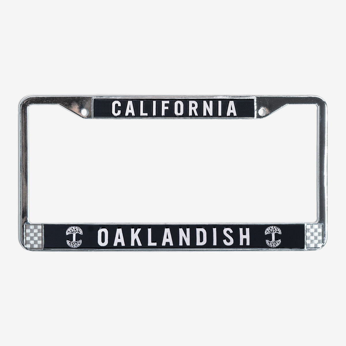 License plate holder with black rims with silver California wordmark on top and Oaklandish wordmark and tree logo on the bottom.